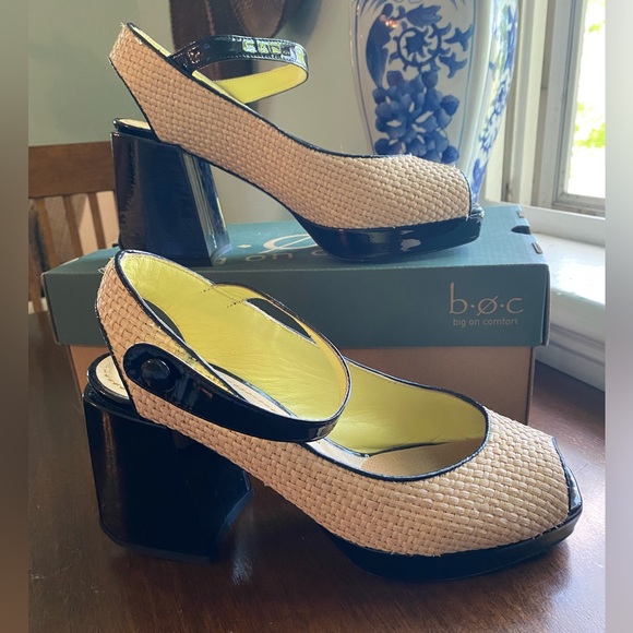 Pollini Raffia Slingback Pumps Open Toe, Woven Neutral w/Black Heel; Size: 9.5 - Picture 3 of 11